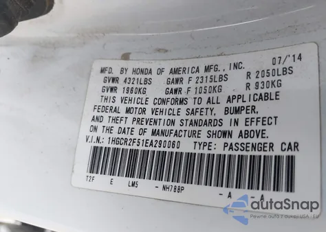 2014 Honda Accord Sport from USA, damaged, VIN 1HGCR2F51EA290060
